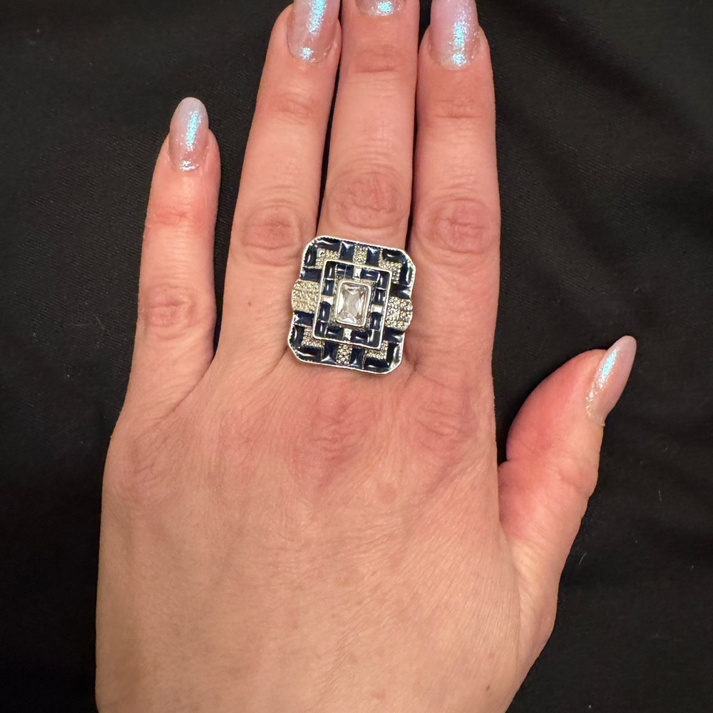 Silver and Blue Geometric Ring